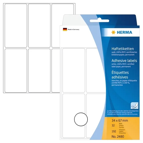 HERMA etiket handmatig 34 x 67 mm, 192 stuks, wit.