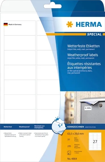 HERMA etiket extra weersbestendig 63,5 x 29,6 mm, 270 stuks.