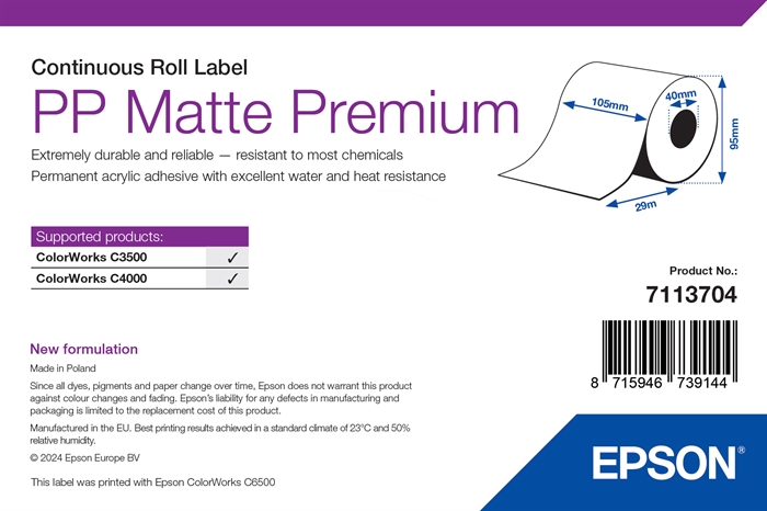 Epson PP Matte Label Premium, Doorlopende Rol, 105mm x 29m