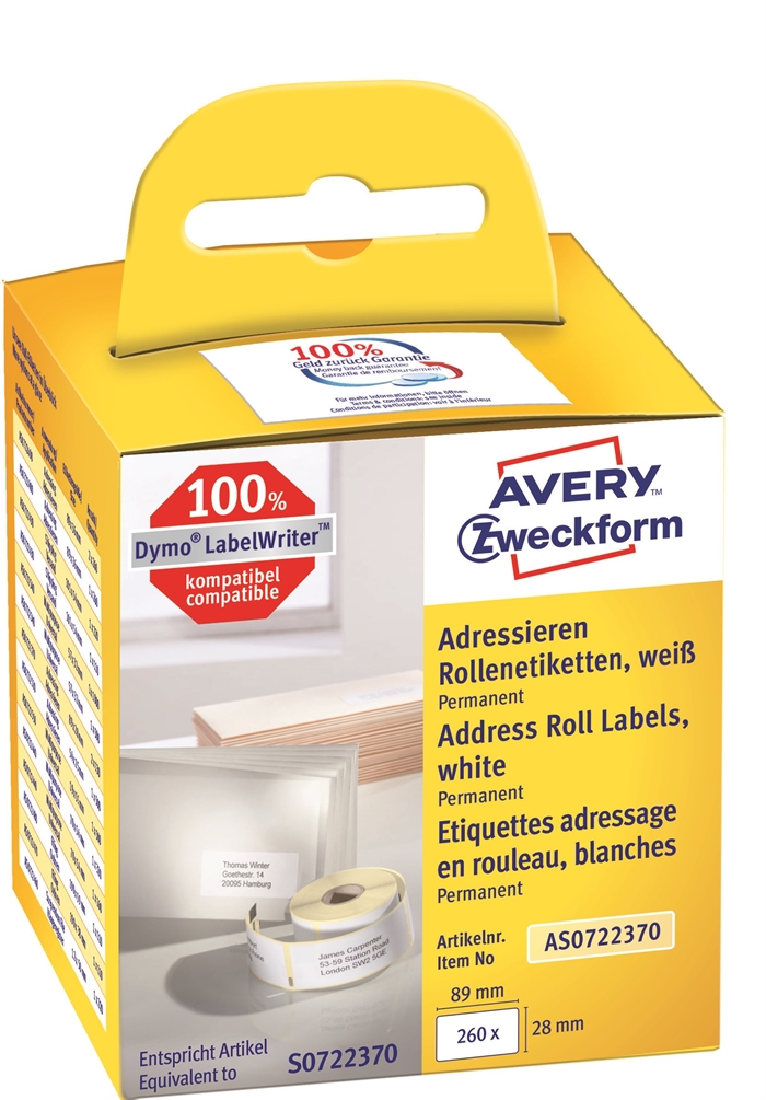 Avery adreslabel op rol 89 x 28 mm, 2 x 130 stuks.