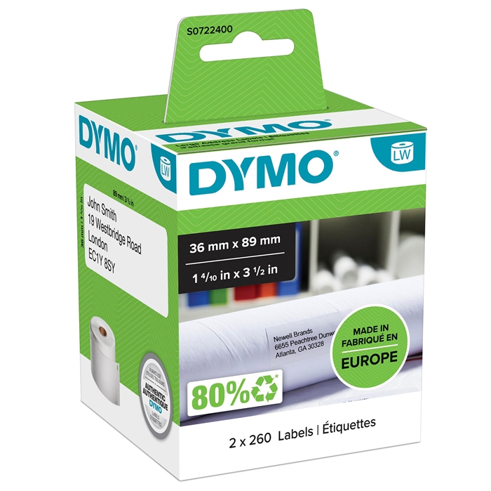 Dymo Addresseringsetiketten 36 x 89 permanent wit (2 x 260 stuks)