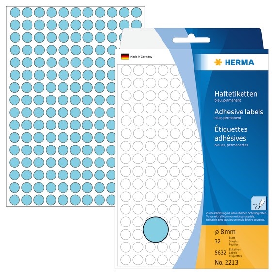 HERMA handmatig etiket ø8 blauw mm, 5632 stuks.