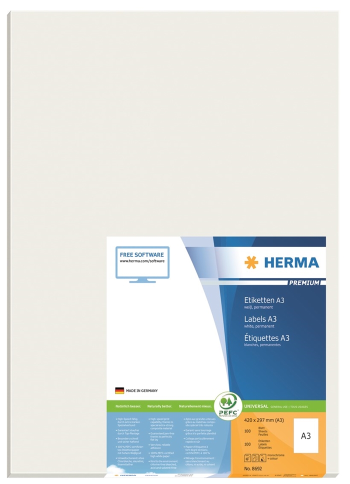 HERMA etiket Premium A3 100 420 x 297 mm, 100 stuks.