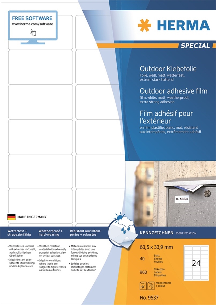 HERMA etikettenfilm extra sterk 63,3 x 33,9 mm, 960 stuks.