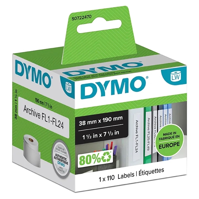 Dymo etiketten voor ordners 38 x 190 mm wit, 110 stuks.